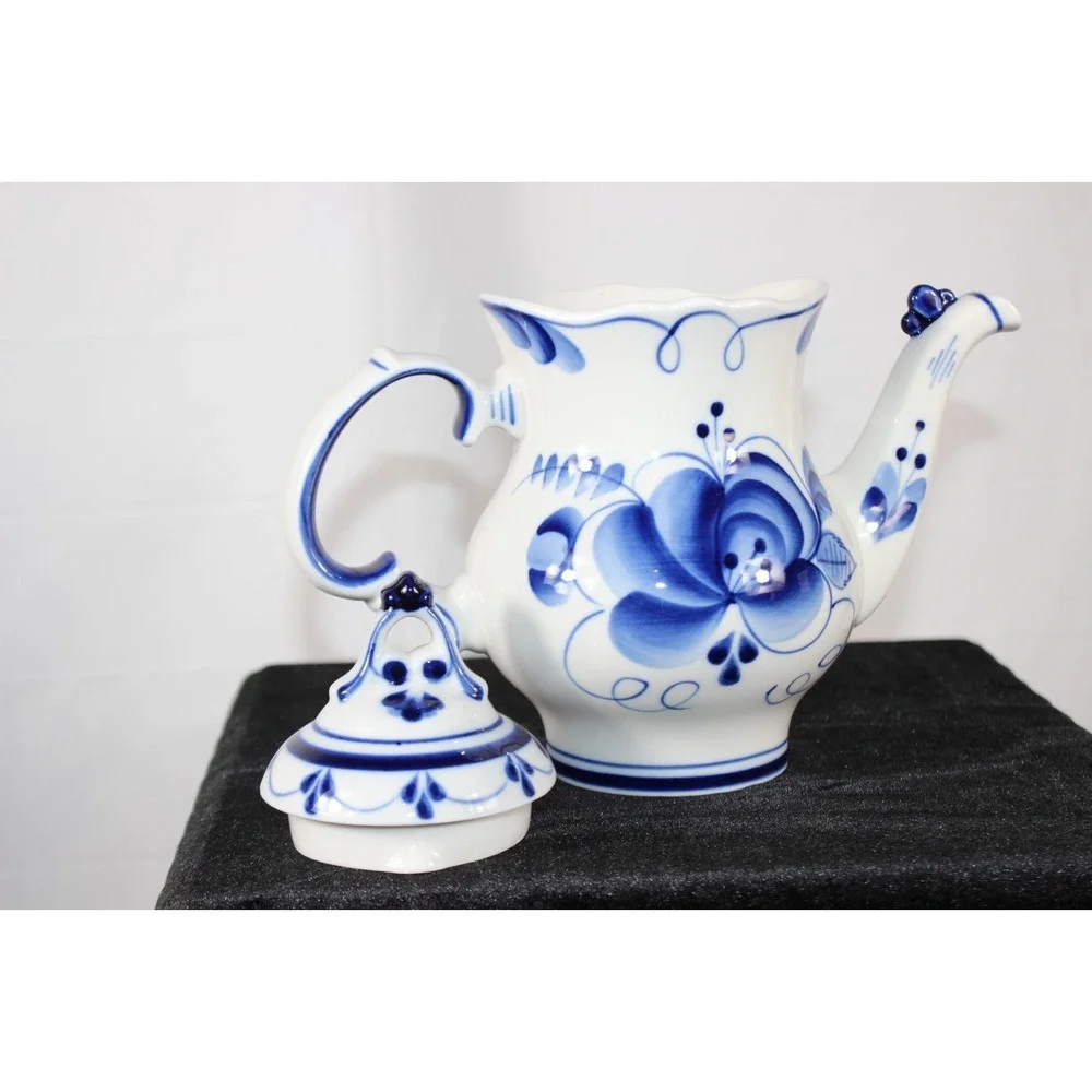 Gzhel Tea/Coffee Pot Porcelai Blue/White Floral VTG